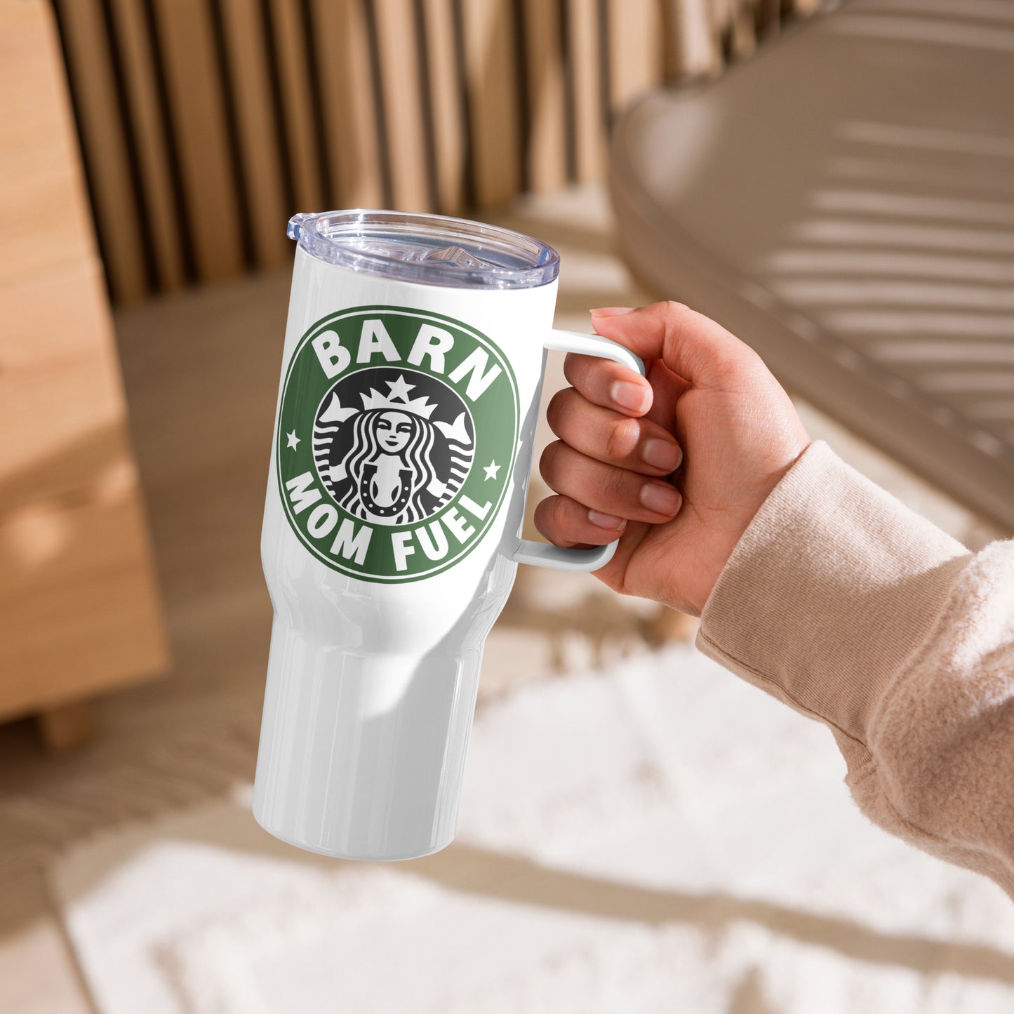 Travel mug with handle "Barn Mom Fuel" Horse Coffee