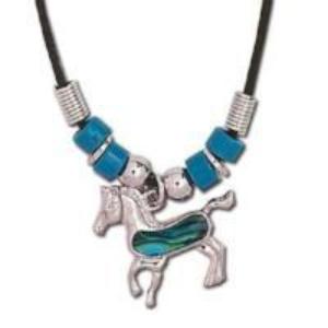 Girls Blue Paua Shell Horse Necklace