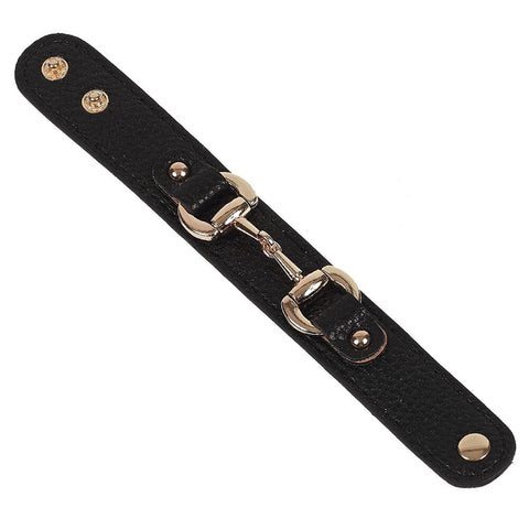 Black Leather Bracelet with Gold Tone Snaffle Bit