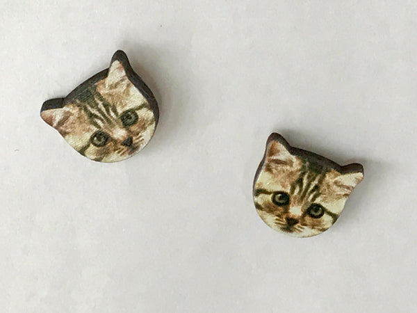 Laser Cut Wood Tabby Cat Face Post Earrings