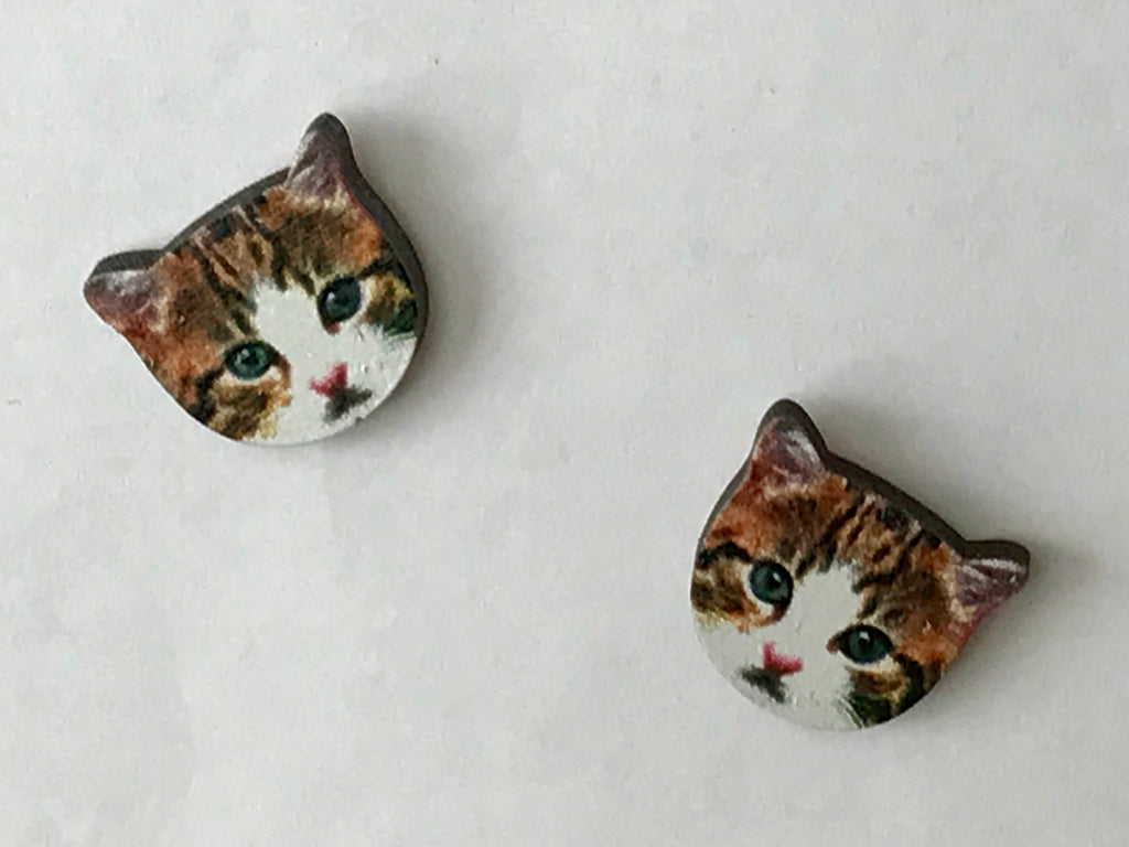 Laser Cut Wood Bicolor Cat Face Post Earrings