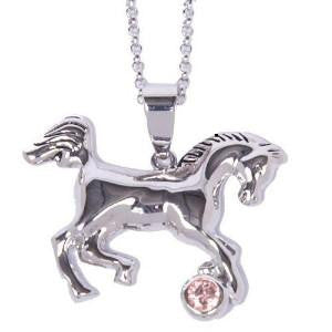Girls Horse Necklace Pink Stone Rhodium Plated w/ Gift Box